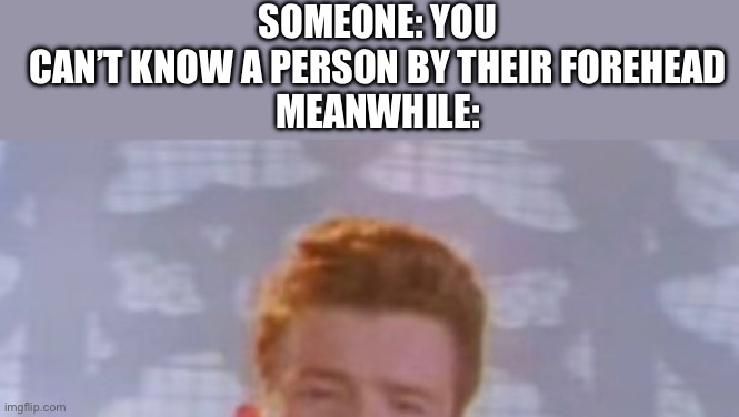 Someone: you can’t know a person by their forehead

Meanwhile: | image tagged in never gonna give you up,never gonna let you down,never gonna run around | made w/ Imgflip meme maker