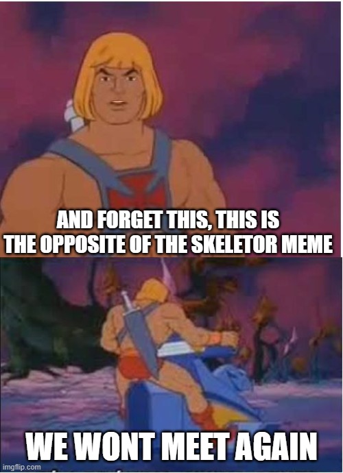 the opposite | And forget this, This is the opposite of the Skeletor meme; we wont meet again | image tagged in he-man | made w/ Imgflip meme maker