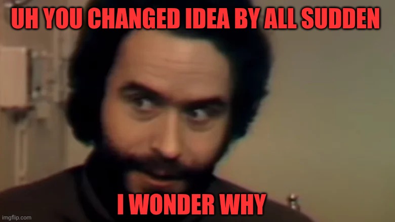 ted bundy glare | Uh you changed idea by all sudden I wonder why | image tagged in ted bundy glare | made w/ Imgflip meme maker
