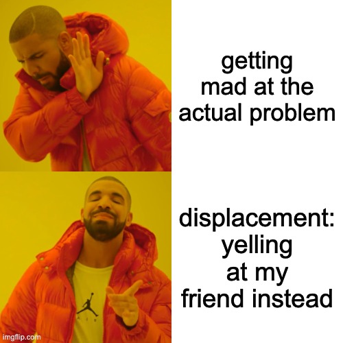 Drake Hotline Bling Meme | getting mad at the actual problem; displacement: yelling at my friend instead | image tagged in memes,drake hotline bling | made w/ Imgflip meme maker
