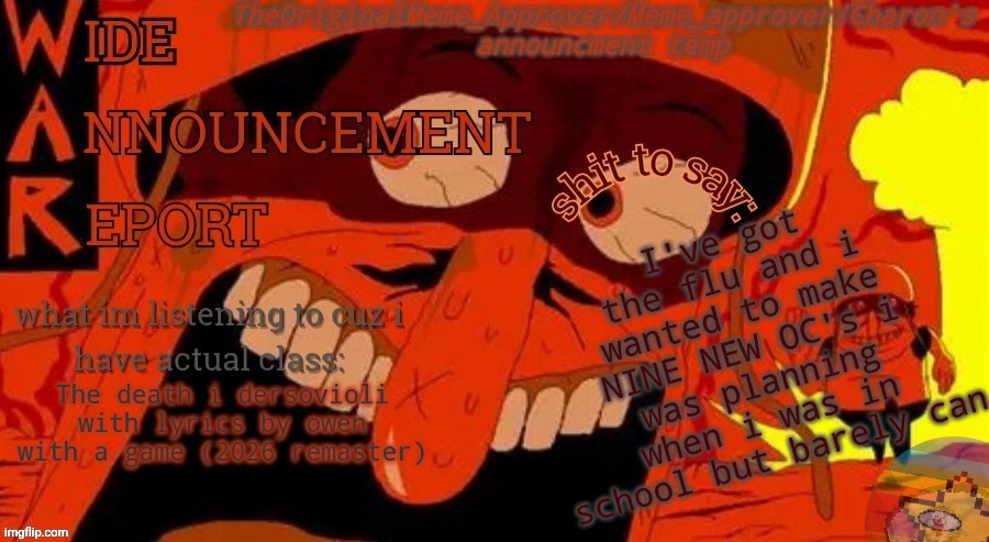 mmmh tasty susie | I've got the flu and i wanted to make NINE NEW OC's i was planning when i was in school but barely can; The death i dersovioli with lyrics by owen with a game (2026 remaster) | image tagged in bxbvxb | made w/ Imgflip meme maker