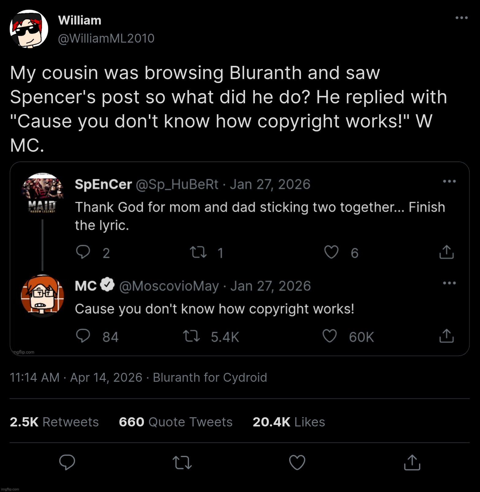 William posted about it too | image tagged in william,bluranth,mc,moscovio may,spencer hubert | made w/ Imgflip meme maker