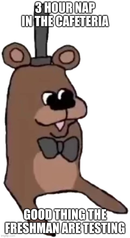 Feddy | 3 hour nap in the cafeteria; good thing the freshman are testing | image tagged in feddy | made w/ Imgflip meme maker