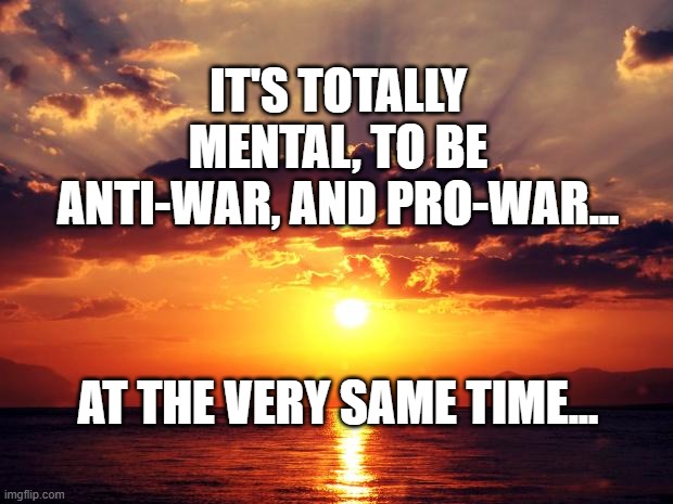 Sunset | It's totally mental, to be Anti-war, and Pro-war... at the very same time... | image tagged in sunset | made w/ Imgflip meme maker