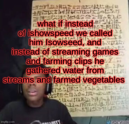 speed reading ancient symbols | what if instead of ishowspeed we called him Isowseed, and instead of streaming games and farming clips he gathered water from streams and farmed vegetables | image tagged in speed reading ancient symbols | made w/ Imgflip meme maker