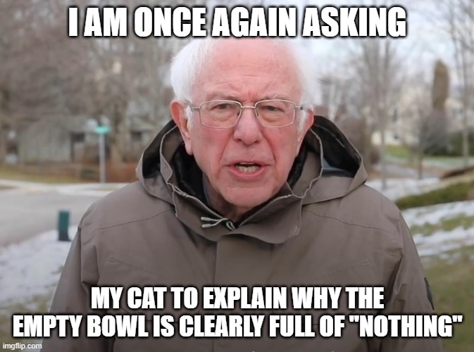 Feed the Cat | I AM ONCE AGAIN ASKING; MY CAT TO EXPLAIN WHY THE EMPTY BOWL IS CLEARLY FULL OF "NOTHING" | image tagged in bernie sanders once again asking | made w/ Imgflip meme maker