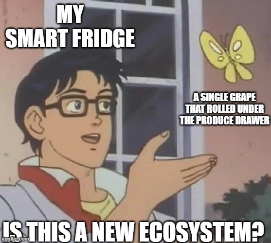 Grape Ecosystem | MY SMART FRIDGE; A SINGLE GRAPE THAT ROLLED UNDER THE PRODUCE DRAWER; IS THIS A NEW ECOSYSTEM? | image tagged in is this butterfly | made w/ Imgflip meme maker