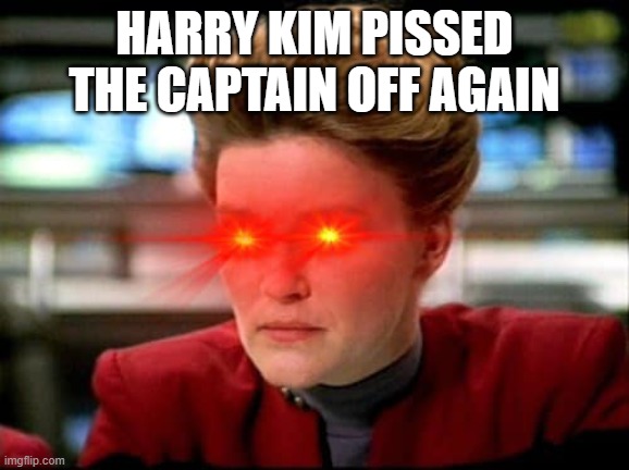 Damn You Harry | Harry kim pissed the captain off again | image tagged in janeway intensifies | made w/ Imgflip meme maker