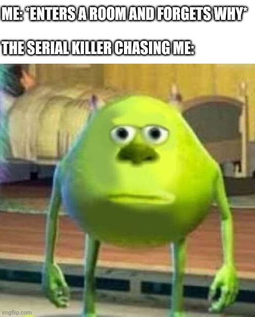 Bruh. | Me: *enters a room and forgets why*
 
The serial killer chasing me: | image tagged in mike wasowski sully face swap,serial killer,monsters inc,lol so funny,boardroom meeting suggestion,never gonna give you up | made w/ Imgflip meme maker
