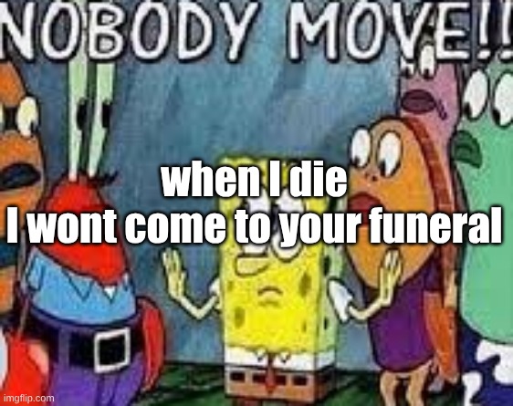 NOBODY MOVE!! | when I die
I wont come to your funeral | image tagged in nobody move | made w/ Imgflip meme maker