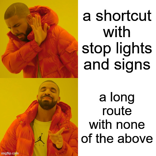 its faster tho! | a shortcut with stop lights and signs; a long route with none of the above | image tagged in memes,drake hotline bling,traffic light,traffic | made w/ Imgflip meme maker