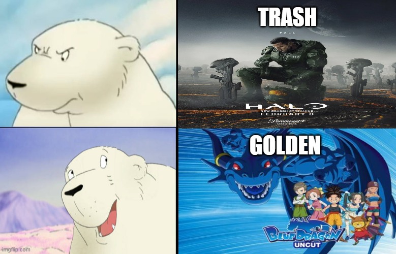 polar bear drake | trash; golden | image tagged in polar bear drake meme,video games,tv shows,blue dragon,halo,drake no/yes | made w/ Imgflip meme maker