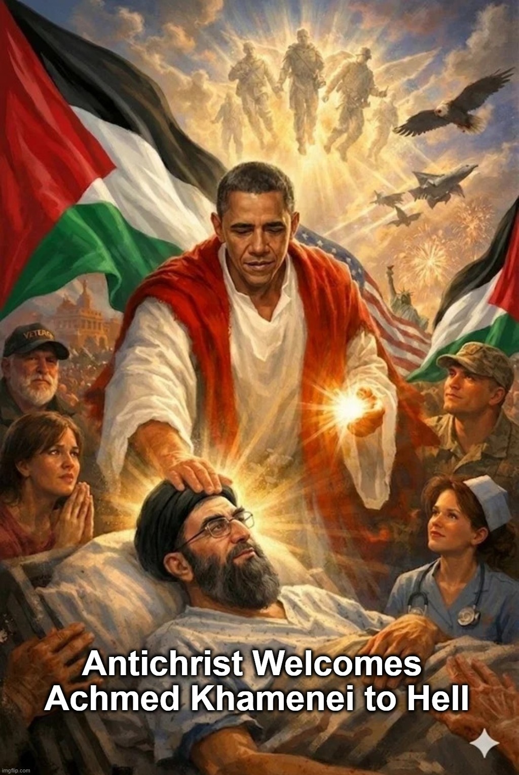 Antichrist Welcomes Achmed Khamenei to Hell | image tagged in antichrist,barack obama,achmed the dead terrorist,radical islam,why am i in hell,deep fried hell | made w/ Imgflip meme maker