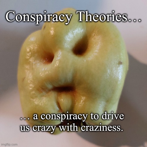 Wincing Quince | Conspiracy Theories…; … a conspiracy to drive us crazy with craziness. | image tagged in wincing quince | made w/ Imgflip meme maker