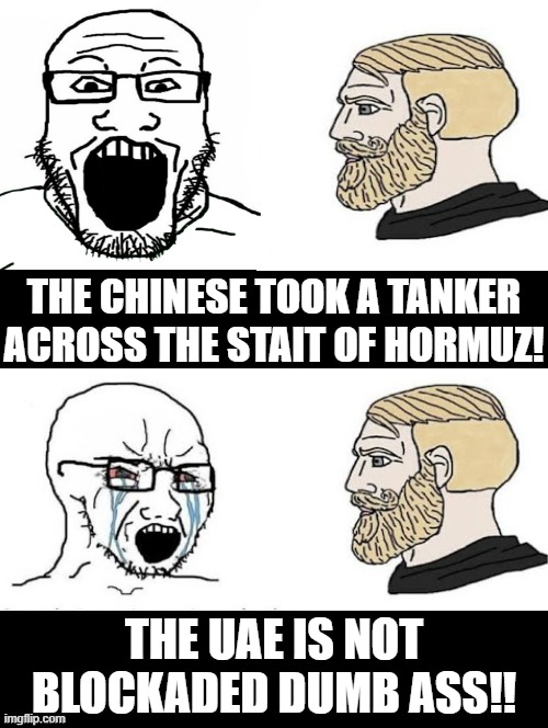 The UAE is not blockaded dumb ass!! | The Chinese took a tanker across the stait of Hormuz! The UAE is not blockaded dumb ass!! | image tagged in dumbass | made w/ Imgflip meme maker