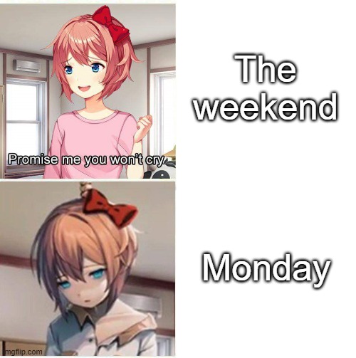 hope i used the template correctly | The weekend; Monday | image tagged in promise you won't cry | made w/ Imgflip meme maker