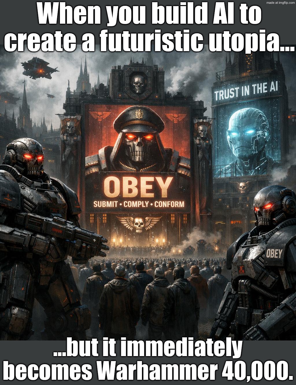 EXPECTING A SLEEK AI-POWERED SPACE-AGE UTOPIA; GETTING WARHAMMER 40,000 INSTEAD | When you build AI to create a futuristic utopia…; …but it immediately becomes Warhammer 40,000. | image tagged in warhammer 40 000,warhammer,space,futuristic utopia,dystopia,artificial intelligence | made w/ Imgflip meme maker