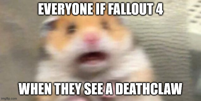 WHY AT THE BEGINNING? | Everyone if fallout 4; when they see a deathclaw | image tagged in screaming hampster,funny | made w/ Imgflip meme maker