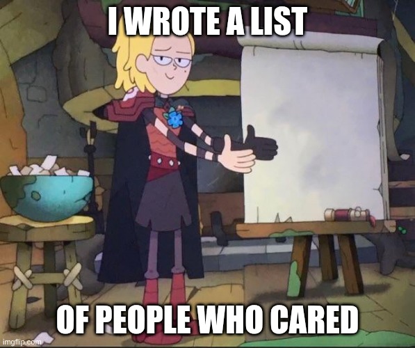 Amphibia charades | I wrote a list; Of people who cared | image tagged in amphibia charades | made w/ Imgflip meme maker