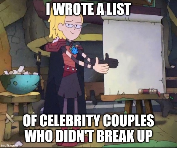 Amphibia charades | I wrote a list; Of celebrity couples who didn't break up | image tagged in amphibia charades | made w/ Imgflip meme maker