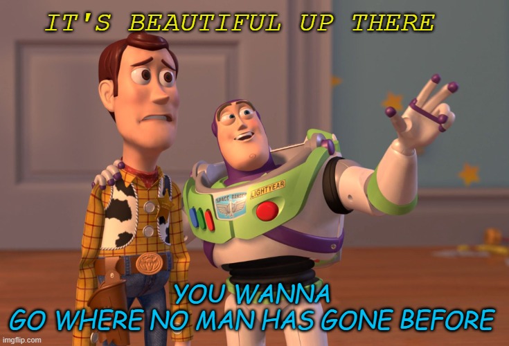 X, X Everywhere | It's beautiful up there; you wanna 
GO where no man has gone before | image tagged in memes,x x everywhere | made w/ Imgflip meme maker