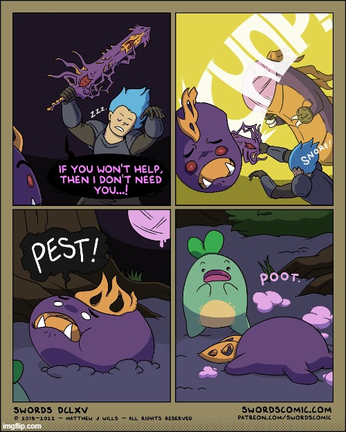 Pest Sprout gets chopped | image tagged in swords,eternal,slumber,sprout,pest,chop | made w/ Imgflip meme maker
