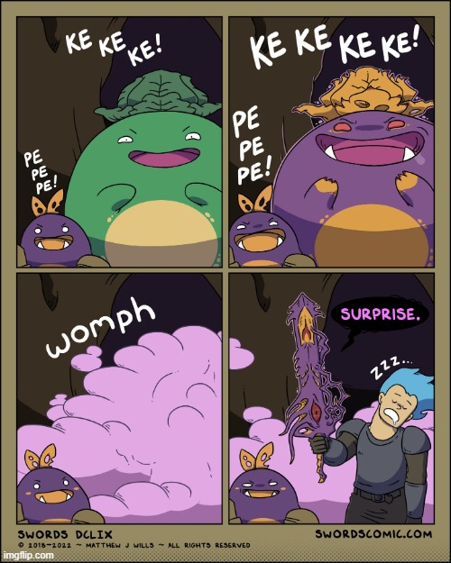 Oh no! It's Eternal Slumber! | image tagged in swords,sprout,momma,eternal,slumber,disguise | made w/ Imgflip meme maker