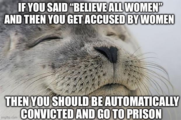 Accused | If you said “believe all women” and then you get accused by women; Then you should be automatically convicted and go to prison | image tagged in memes,satisfied seal,metoo,politics,political meme | made w/ Imgflip meme maker