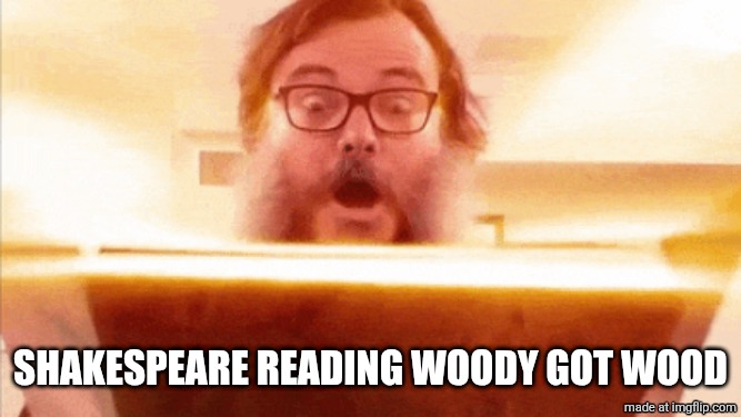 jack black reading book | shakespeare reading woody got wood | image tagged in jack black reading book | made w/ Imgflip meme maker