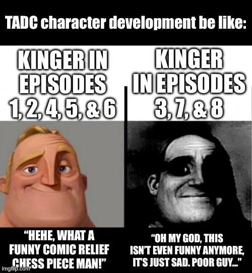 anyone else thought the same? | TADC character development be like:; Kinger in episodes 3, 7, & 8; Kinger in episodes 1, 2, 4, 5, & 6; “Hehe, what a funny comic relief chess piece man!”; “oh my god, this isn’t even funny anymore, it’s just sad. Poor guy…” | image tagged in teacher's copy,kinger,tadc,show,the amazing digital circus,funny | made w/ Imgflip meme maker