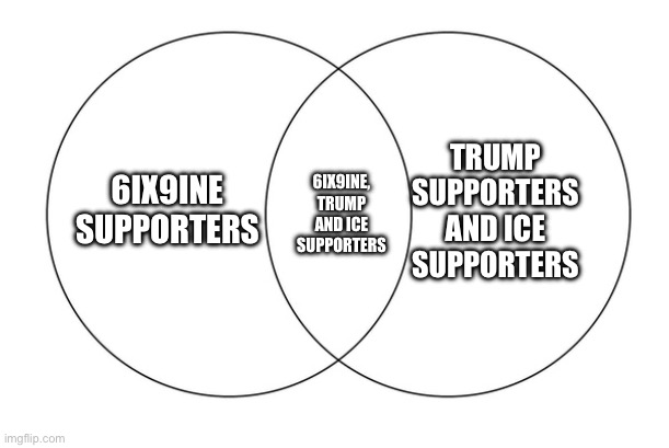 venn diagram | Trump supporters and ICE supporters; 6ix9ine supporters; 6ix9ine, Trump and ICE supporters | image tagged in venn diagram | made w/ Imgflip meme maker