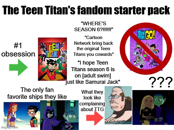 Teen titan's fandom starter pack | The Teen Titan's fandom starter pack; "where's season 6?!!!!!!"; #1 obsession; "Cartoon Network bring back the original Teen Titans you cowards"; "I hope Teen Titans season 6 is on [adult swim] just like Samurai Jack"; ??? The only fan favorite ships they like; What they look like complaining about TTG | image tagged in blank white template,remix,teen titans,dc comics,starter pack,fandom | made w/ Imgflip meme maker
