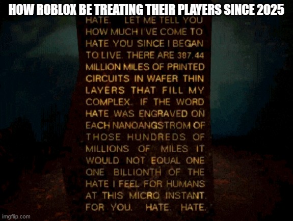 AM. | How roblox be treating their players since 2025 | image tagged in am | made w/ Imgflip meme maker