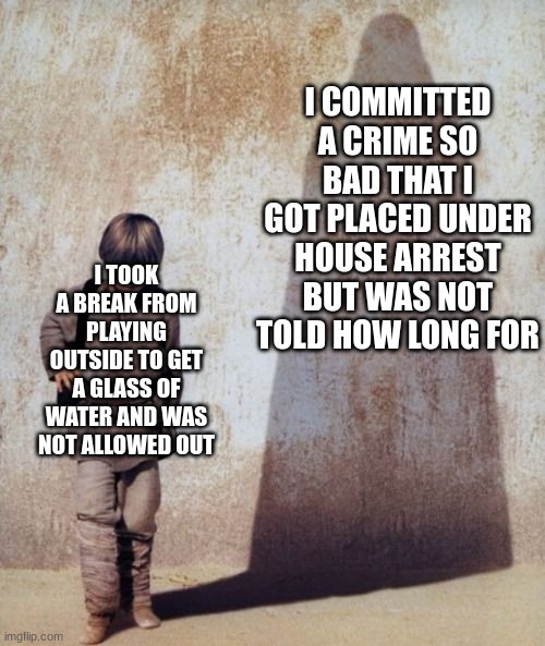 an answer we may never know | i committed a crime so bad that i got placed under house arrest but was not told how long for; i took a break from playing outside to get a glass of water and was not allowed out | image tagged in anakin shadow,memes | made w/ Imgflip meme maker