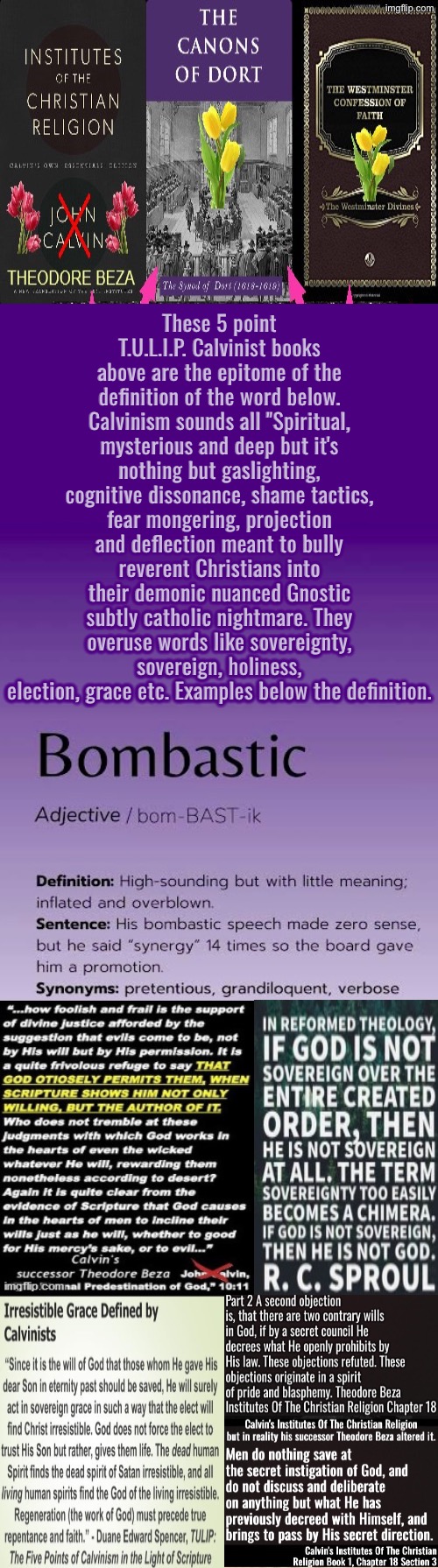 Bombastic Describes Calvinism Perfectly | These 5 point T.U.L.I.P. Calvinist books above are the epitome of the definition of the word below. Calvinism sounds all "Spiritual, mysterious and deep but it's nothing but gaslighting, cognitive dissonance, shame tactics, fear mongering, projection and deflection meant to bully reverent Christians into their demonic nuanced Gnostic subtly catholic nightmare. They overuse words like sovereignty, sovereign, holiness, election, grace etc. Examples below the definition. | image tagged in calvinism,calvinist memes,reformed theology,bombastic,arrogance,pharisees | made w/ Imgflip meme maker