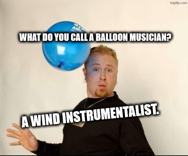 Full of hot air | What do you call a balloon musician? A wind instrumentalist. | image tagged in balloon man | made w/ Imgflip meme maker