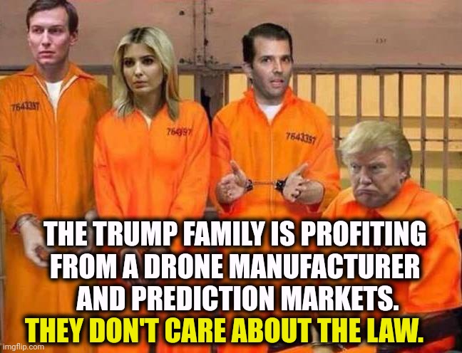 Eric belongs here too. | The Trump family is profiting 
from a drone manufacturer 
and prediction markets. They don't care about the law. | image tagged in biden no oops trump crime family orange jail prison,trump,donald trump jr,eric trump,jared kushner,corruption | made w/ Imgflip meme maker