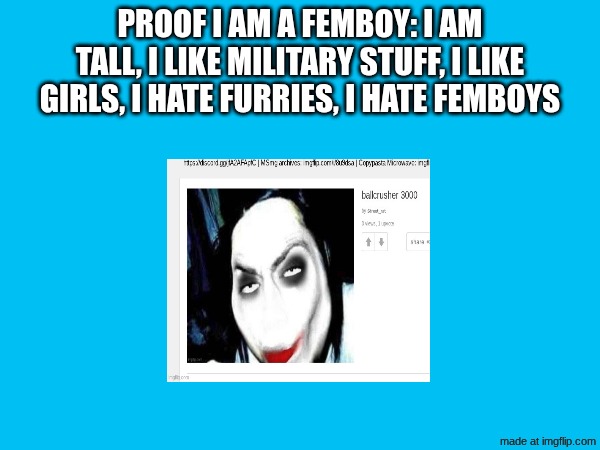 proof I am a femboy: I am tall, I like military stuff, I like girls, I hate furries, I hate femboys | made w/ Imgflip meme maker