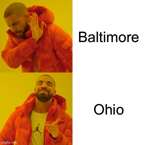 Baltimore or the state of Ohio? | Baltimore; Ohio | image tagged in drake hotline bling,drake,hotline bling,ohio,baltimore,dragon ball super | made w/ Imgflip meme maker