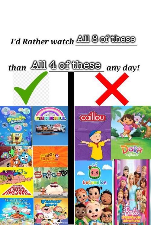 I’d rather watch peak cartoons than watch baby shows! | All 8 of these; All 4 of these | image tagged in i'd rather watch x than y any day | made w/ Imgflip meme maker