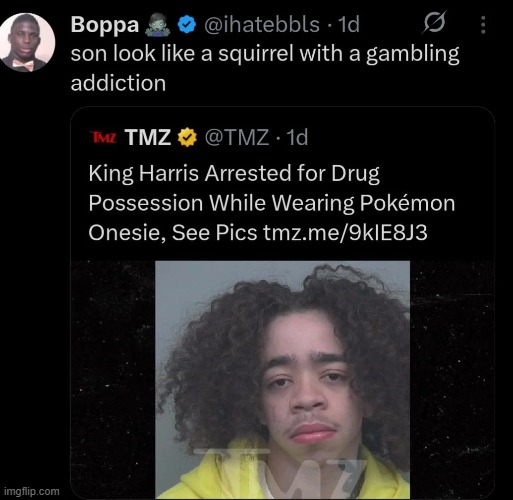 image tagged in king harris,arrested,drugs,squirrel,gambling,addiction | made w/ Imgflip meme maker