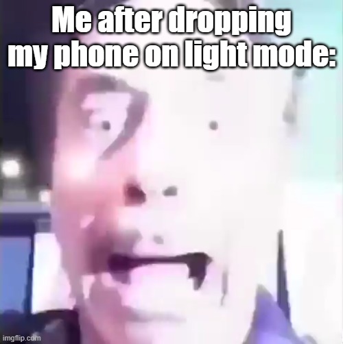 Flashbanged | Me after dropping my phone on light mode: | image tagged in flashbanged | made w/ Imgflip meme maker