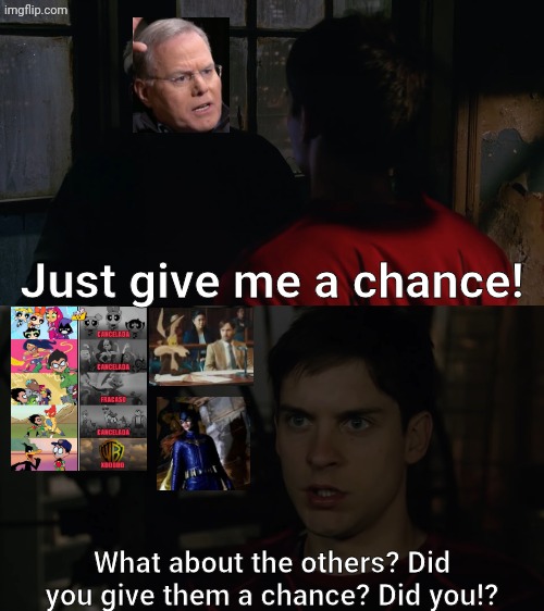 What about the other Warner Bros. properties? Did you give them a chance? Did you? | Just give me a chance! What about the others? Did you give them a chance? Did you!? | image tagged in just give me a chance,warner bros,warner bros discovery,teen titans go,spiderman | made w/ Imgflip meme maker