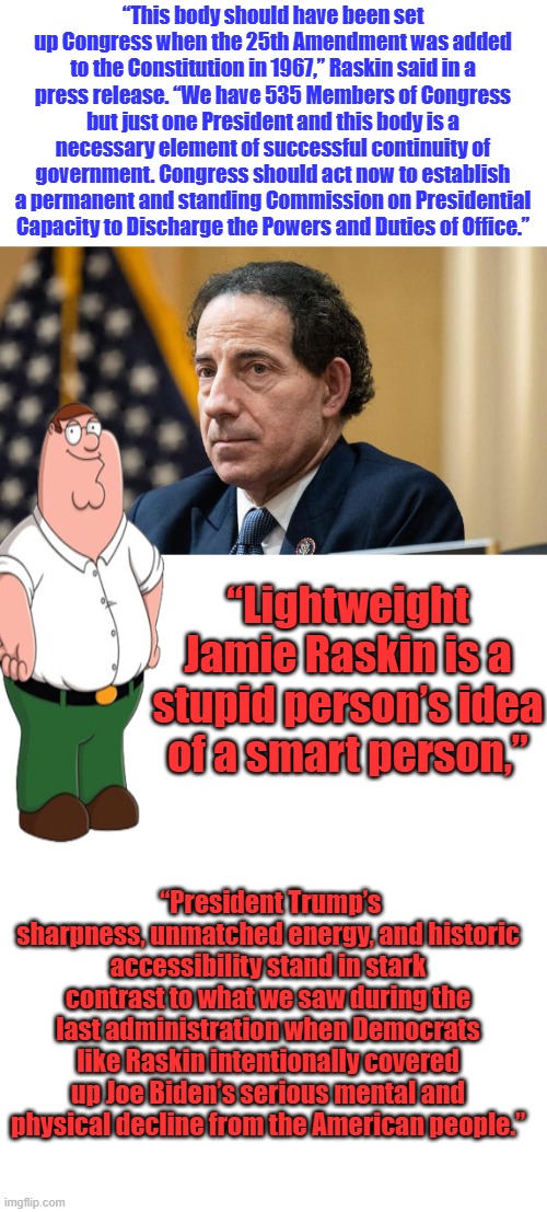 Numbskull  Raskin | “This body should have been set up Congress when the 25th Amendment was added to the Constitution in 1967,” Raskin said in a press release. “We have 535 Members of Congress but just one President and this body is a necessary element of successful continuity of government. Congress should act now to establish a permanent and standing Commission on Presidential Capacity to Discharge the Powers and Duties of Office.”; “Lightweight Jamie Raskin is a stupid person’s idea of a smart person,”; “President Trump’s sharpness, unmatched energy, and historic accessibility stand in stark contrast to what we saw during the last administration when Democrats like Raskin intentionally covered up Joe Biden’s serious mental and physical decline from the American people.” | image tagged in rep jamie raskin at jan 6 committee,blank white template | made w/ Imgflip meme maker