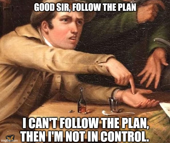 Follow the plan | Good sir, FOLLOW THE PLAN; I can't follow the plan, then I'm not in control. 🦋 | image tagged in angry man pointing at hand | made w/ Imgflip meme maker