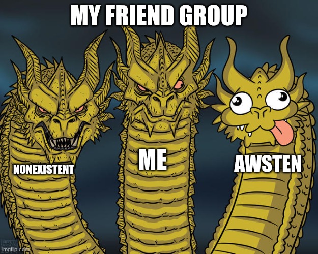 Most autistic human he has "Severe Awstentism" | my friend group; me; awsten; Nonexistent | image tagged in three-headed dragon | made w/ Imgflip meme maker