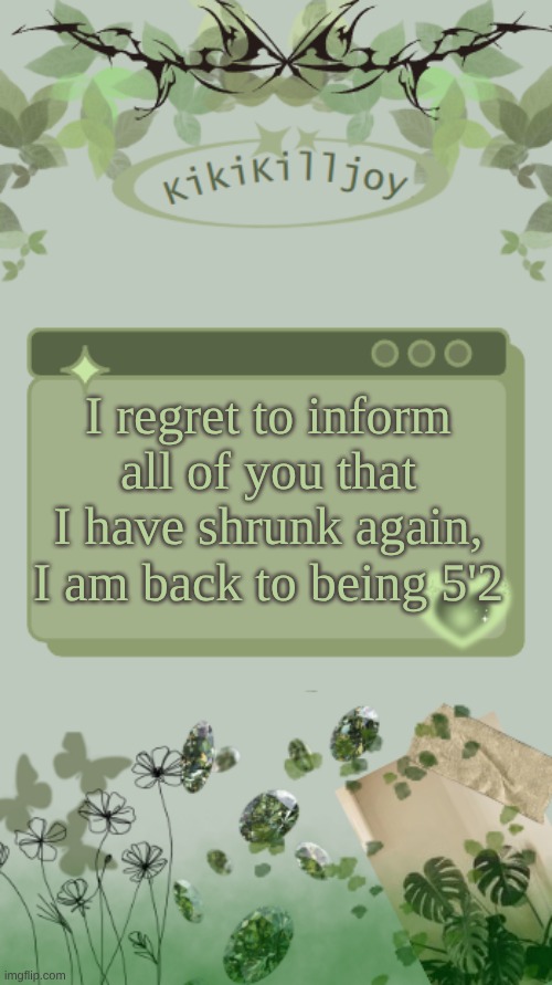 Kiki's green y2k temp | I regret to inform all of you that I have shrunk again, I am back to being 5'2 | image tagged in kiki's green y2k temp | made w/ Imgflip meme maker