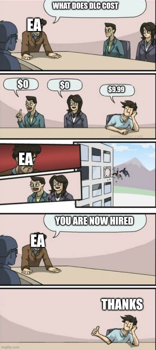 EA Boardroom Suggestions 2 | What Does DLC Cost; EA; $0; $0; $9.99; EA; EA; You Are Now Hired; Thanks | image tagged in boardroom meeting sugg 2 | made w/ Imgflip meme maker