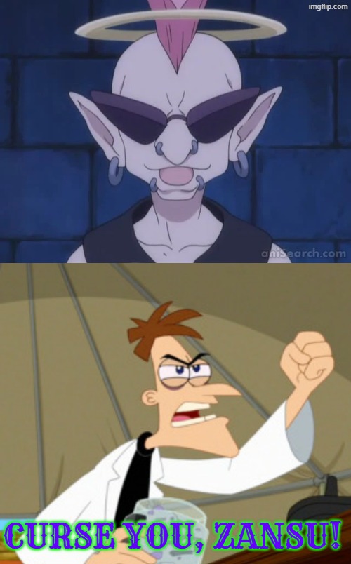 before we had the principal from to love ru, we had zansu from bludgeoning angel dokuro chan | curse you, zansu! | image tagged in curse you perry the platypus,punk rock,bokusatsu tenshi dokuro chan,to love ru,phineas and ferb,doofenshmirtz | made w/ Imgflip meme maker
