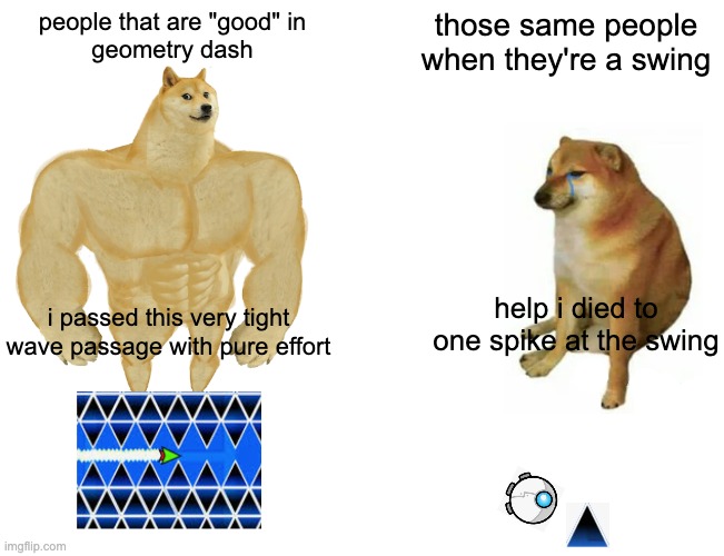 Buff Doge vs. Cheems | people that are "good" in
geometry dash; those same people when they're a swing; help i died to one spike at the swing; i passed this very tight wave passage with pure effort | image tagged in memes,buff doge vs cheems | made w/ Imgflip meme maker